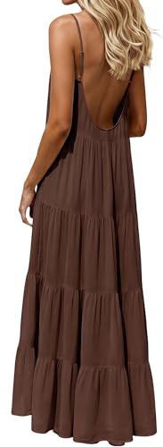 KFUBUO Women's Flowy Backless Cami Maxi Dress Pleated A-Line Lounge Dress Soft Stretch Summer Beach Outfit Coffee