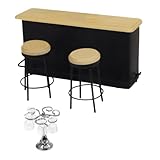 Gogogmee Miniatur Puppenhaus Bar Set aus Hochwertigem Material mit Mini Weingläsern Silbernem Becherhalter Bartresen und Barhockern Langlebiges Puppenhaus Zubehör für Sammler