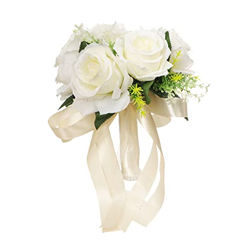 OnIUeZky Bouquet de mariée Bouquet de Mariage mariée Tenant Un Fleur Fleur Rose Artificielle avec Ruban pour l'approvisionnement Mariage Blanc