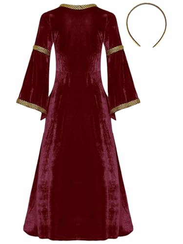 Kids Girls Renaissance Medieval Dress Vitorian Velvet Dress Steampunk Ball Gowns with Headpiece4