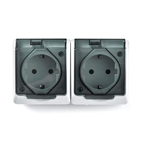 FAMATEL – Doble base | Enchufe de superficie | Serie Pool 54 | IP54 | Este producto es a prueba de agua | Alta estanqueidad del producto | Producto libre de halógenos | Protección Infantil | Aluminio