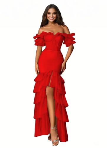 Tiered Prom Dresses Long Tulle Evening Gown Off Shoulder Corset W...