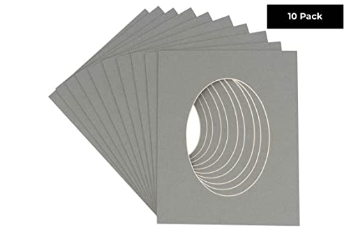 CountryArtHouse Mid Grey Acid Free 8.5x11 Oval Picture Frame Mat with White Core Bevel Cut for 6x8 Pictures - Fits 8.5x11 Frame - Pack of 10 Matboards