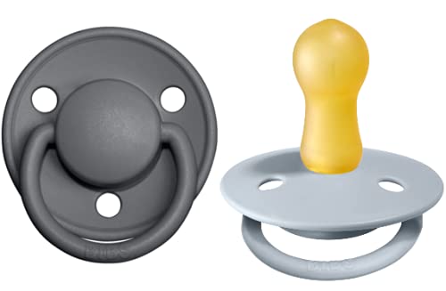 Image of BIBS Pacifiers – De Lux | BPA-Free Natural Rubber Baby Pacifier | Made in Denmark | Set of 2 Soothers (Iron/Baby Blue, 6-18 Months Natural Rubber)