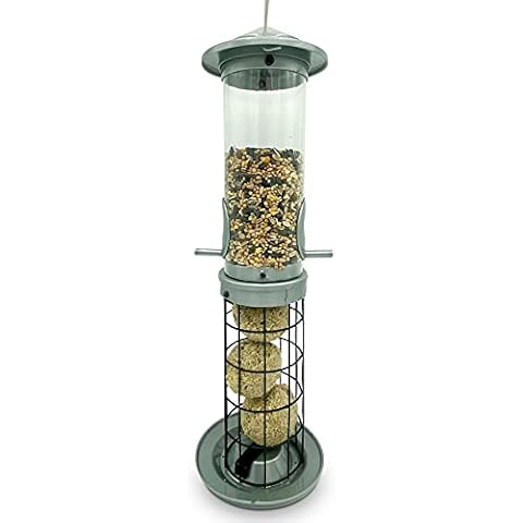 Large 2 in 1 Double Bird Feeder Pre-Filled with Wild Seed Mix & 3 Suet Fat Balls Included - Plastic Outdoor Hanging Feeders for Wild Garden Birds - Attracting Finches, Robins, Sparrows & many others Cover