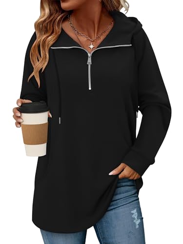 onlypuff Women Hoodie Pullover Trendy Quarter Zipper Lapel Sweatshirts Drawstring Cute Hooded Tunic Tops with Side Pockets