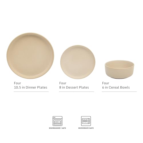 Image of Gibson Elite Pasco 12 Piece (Service for 4) Plates and Bowls Reactive Glaze Dishes Stoneware Ceramic Dinnerware Set - Taupe