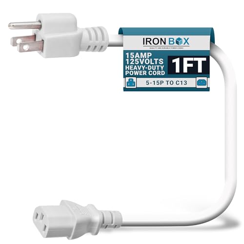Image of IronBox Electric - Heavy-Duty 5-15P to C13 Power Cord - 3 Prong 15A 125V 14 /3 SJT PC Cable - Cord for Computer, Monitor, Subwoofer, Amplifier - Cable for Power Supply - (White 1 Foot)