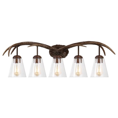 Image of JONATHAN Y 37.75 inch Brown Wood Finish 5-Light Resin Antlers Vanity Light Wall Sconce Rustic Farmhouse for Living Room Bathroom with Clear Seeded Glass Shades LED Bulbs Included JYL6316A