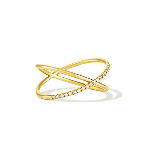AllenCOCO 14K Gold Plated PavÃ© Diamond X Ring Simulated Diamond CZ Criss Cross Ring for Women Girls Size 9
