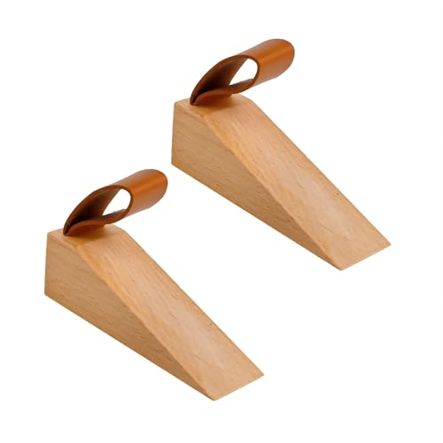 LERANXIN Cale Porte Sol, 2 Pièces Hêtre Cale Porte avec Coussinet en Silicone Antidérapant, Bloc Porte avec Poignée en Cuir, Convient aux Espaces de Porte...