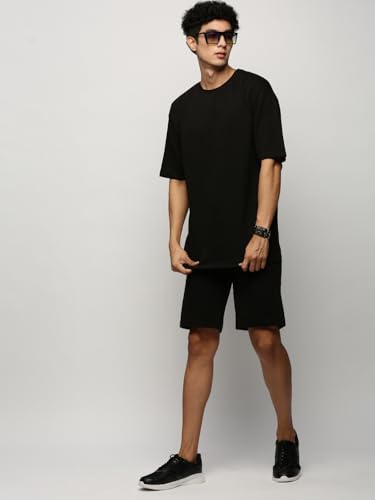 Image of SHOWOFFFF Men Solid Two-Piece Co Ords | Round Neck Half Sleeves Cotton Co Ords for Mens | Mid-Rise Regular Fit Above Knee Co Ords for Men's