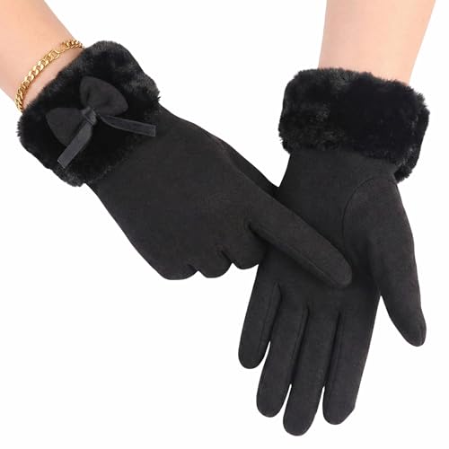 Image of Kraptick Women's Winter Woolen Gloves - Premium Thermal Fleece Lined Touchscreen Hand Warmer Gloves for Cold Weather, Cycling & Driving Soft Fur Cable Knit Elastic Mittens (Free Size, Purple Bow)-6