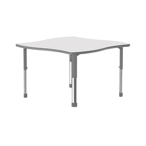 Correll 42"x42" Collaborative Classroom Table, Height Adjustable (25"-35) Swerve Shaped White Dry EraseMarkerboard HPL Top, Gray Edge Band, Modern