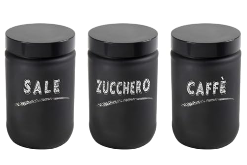 Set 3 Barattoli Contenitori, Tris Sale Zucchero Caffè, in Vetro Nero Satinato, Cucina Stile Shabby