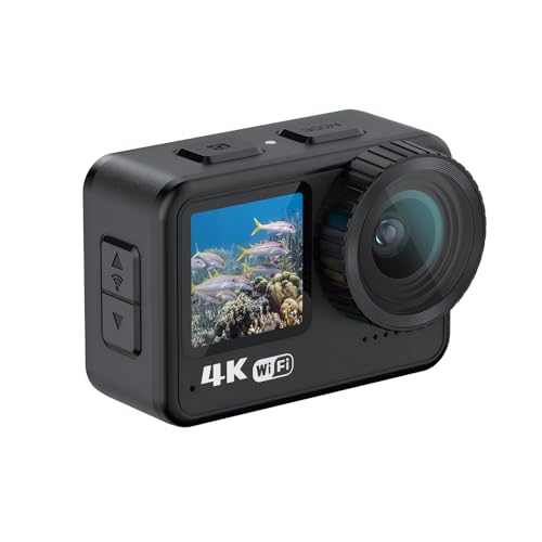 Acouto Cámara de Acción 4K, Cámara Deportiva WiFi de 24MP con Lente Gran Angular de 170° Control Táctil de Pantalla Dual Antivibración 21M Impermeable, con Kit de Accesorios de Montaje