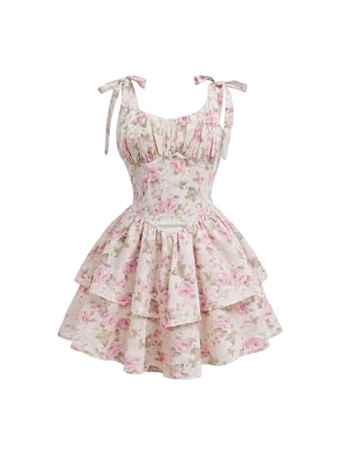 Verdusa Girl's Floral Bow Tie Shoulder Princess Dress Summer Tiered Layered Vacation Dresses