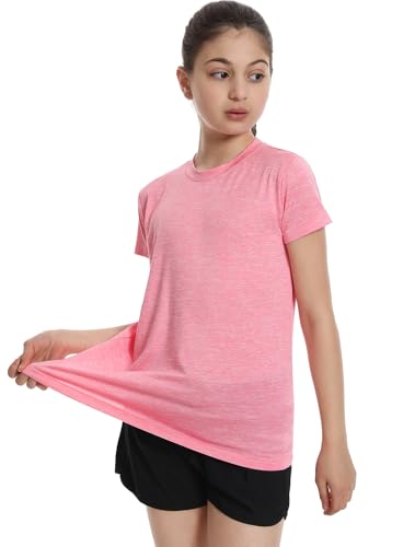 Image of 5 Pack Girls Athletic Shirts Short Sleeve Dry Fit T-Shirts Tops for Teens | Soft and Breathable Fabric, Bright and Cute Colors, Longer Length Design, Colorfast and Anti-Wrinkle