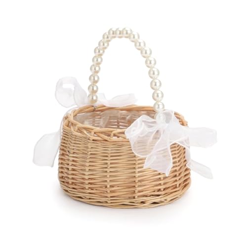 Yjijaiifd Wicker Flower Girl Basket for Weddings, Rattan Flower Basket Handmade Flower Girl Basket with Handle and Ribbon