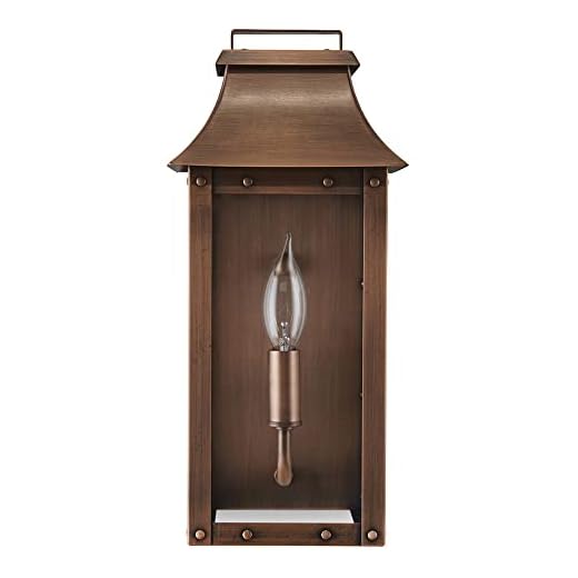 Acclaim Lighting 8413CP | Vintage Solid Copper One Light Dimmable Wall Mounted Outdoor Wet Rated Lantern with Clear Glass | Hand Crafted Classic Colonial America Design (Copper Patina - Style Three)