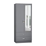 Nera 2 Door Wardrobe with Drawers and Hanging Rail Slim Wardrobes for Small Bedrooms Storage (With Mirror Matt Grey)