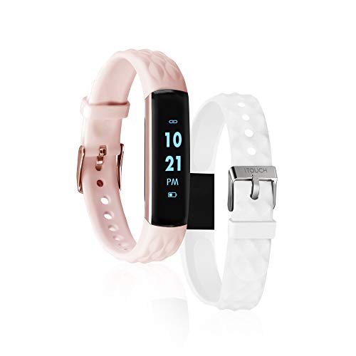 iTouch Slim Fitness Tracker with Heart Rate Monitor, Step Tracker, Calorie Tracker & Sleep Tracker. Waterproof Fitness Watch for Women & Men, Android & iOS, Blush/White Interchangeable Straps