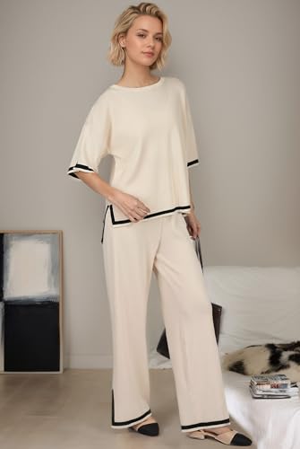 Image of Sweater Set Women 2 Piece Outfit, Beige Lounge Sets for Women with Elastic Waist, Crew Neck, Side Split, Coords Set Women