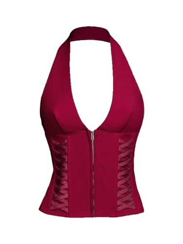 Floerns Women's Goth Lace Up Halter Top Zip Up Deep V Neck Sleeveless Backless Y2k Tops