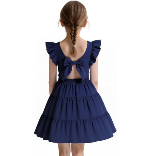 HILEELANG Toddler Girl Open Tie Back Dress Elegant Ruffle Short Flutter Sleeve Cotton Swing Twirly Sundress