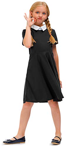 Besserbay Kid Girls Doll Collar Short Sleeve Flare Dress Casual Skater Peter Pan Collar Black Midi Dress 7-8 Years #TOP2