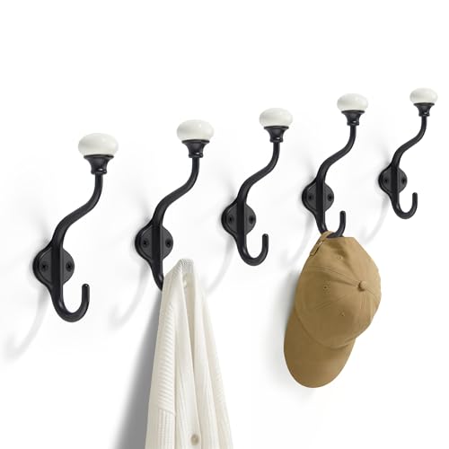 TUNNY Coat Hooks - 5 Pack Matte Black Towel Hooks Robe Hooks Decorative Wall Hooks for Bathroom Bedroom Kitchen Towel Robe Clothes Cabinet Closet Bathroom Hardware
