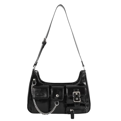 Sunwel Fashion Y2k Bolsa de ombro preta gótica com vários bolsos, bolsa estética grunge para mulheres, Preto