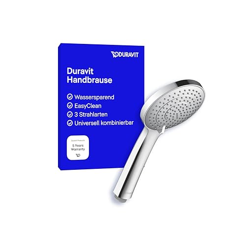 Duravit Universal Handbrause – 3 Strahlarten (Rain, Intense, Soft) mit verstellbarer Drehscheibe, reduzierter Wasserverbrauch dank MinusFlow (9 Liter pro Minute), pflegeleicht, Chrom