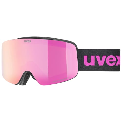 uvex pwdr FM - stylische verspiegelte Skibrille mit weitem Sichtfeld und Anti-Fog-Beschichtung mit ausgewachsenen Features für Kinder - black matt/pink-clear - one size
