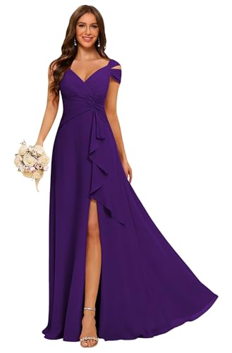 CuteMe Elegant Grape Bridesmaid Dresses for Women 2026 V Neck Formal Dress A Line Ruched Off Shoulder Wedding Guest Dresses 10