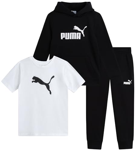 La Mejor Recopilación de Conjuntos deportivos para Niño los mejores 10. 47 PUMA - Conjunto de pantalones para niños pequeños, playera activa, sudadera con capucha de forro polar y pantalones deportivos para niños pequeños (2T-7), Blanco/Negro Core, 6