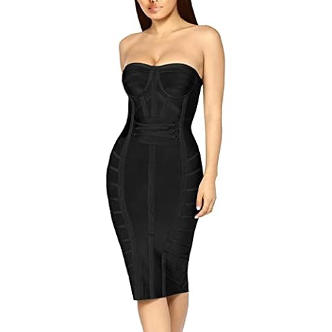 HyBrid & Company Women’s Sexy V Neck Off Shoulder Bodycon Stretch Knee Length Midi Bandage Dress for Party - Black - Medium Cover