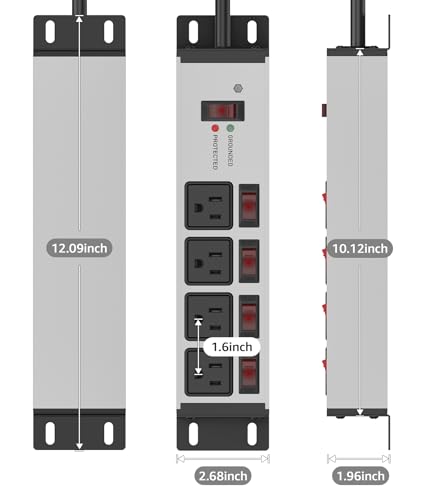 Image of CCCEI Heavy Duty Surge Protector, 20A Individual Switches, Grey, 4FT, 1 | 12 Gauge Grounded Extension Cord with Multiple Outlets, Wall Mount Power Strip for Garage, Plug Extender.