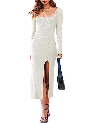 Dokotoo Women V Neck Cable Knit Chunky Mini Sweater Dresses Long Sleeve V Neck Slim Fit Bodycon 2024 Fall Pullover Jumper White Dress Small
