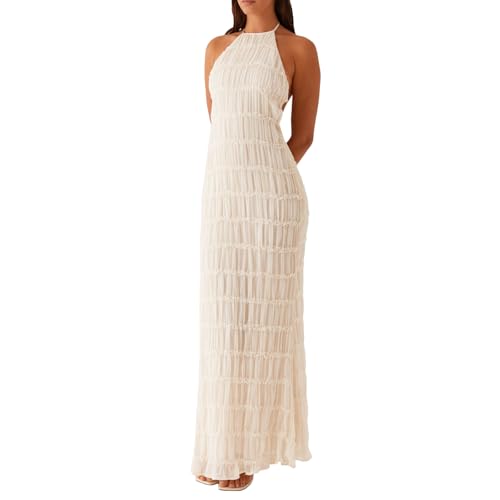 Image of Argeousgor Women Halter Neck Backless Summer Dresses 2025 Sleeveless Tiered Ruffle A-Line Flowy Cocktail Party Maxi Dress