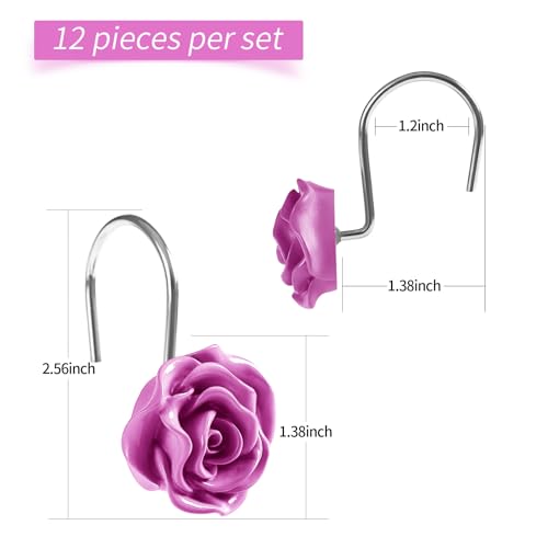 Cute Rose Floral Shower Curtain Hooks Rings for Bathroom,Burgundy 12PCS — view 6