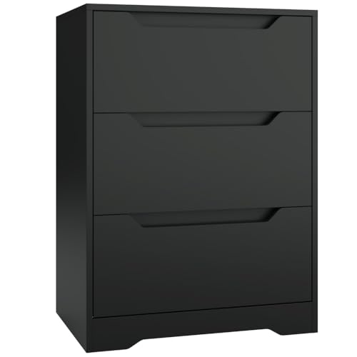 HOSTACK Modern 3 Drawer Dresser, Wood Chest of Drawers with Storage, Tall Nightstand with Cut-Out Handles, Side End Table, Accent Storage Cabinet for Living Room, Entryway, Black