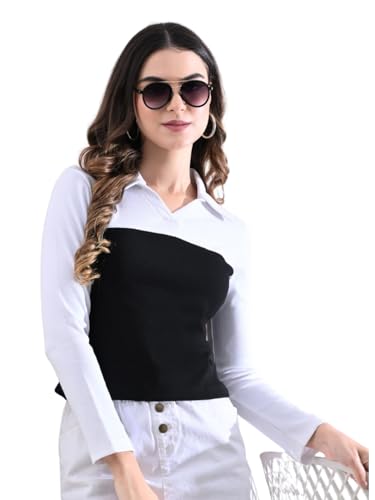 Image of Ribbed Two-Tone Collared Cotton Top for Women - Black & White