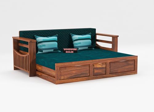 Image of Solid Sheesham Wooden Sofa Cums Bed with Mattresses for Living Room|Rosewood 3-Person Sofa Cums Bed for Bedroom Without Pillow (E-Natural Finish)
