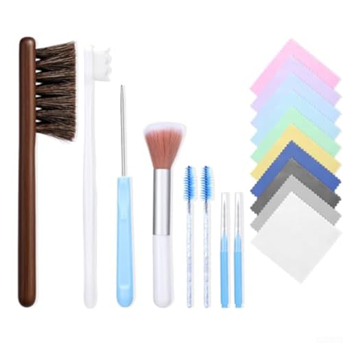 Kit de limpieza de joyas de 18 piezas con 10 paños de pulido, cepillo de crin, cepillos de agujeros y herramientas de detalle para oro, plata, anillos y pendientes, limpieza profunda