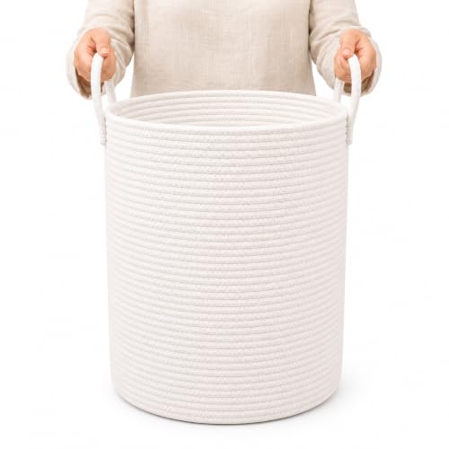 Image of OrganiHaus Tall Cotton Rope Laundry Basket & Hamper, Blanket Storage 52L | Full Off-White - Tall Cotton Rope Hamper, 52L