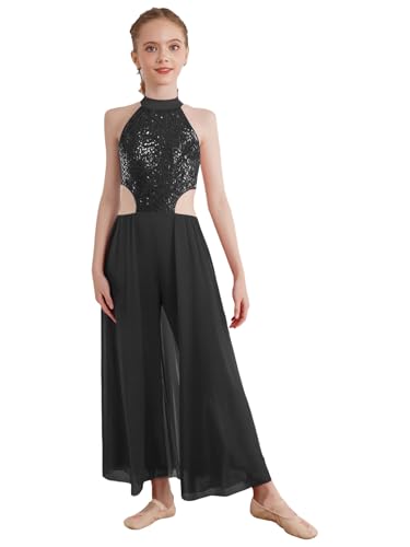 Freebily Robe Danse Lyrique Latine Enfant Fille Combinaison Patinage Artistique Compétition Justaucorps Gymnastique Danse Spectacle Sans Manche Dos Nu Noir 11-12 ans