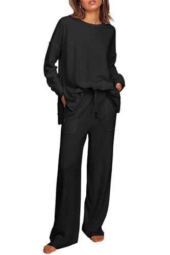 Ekouaer Womens Tracksuits 2 Piece Long Sleeve Outfits Micro Fleece Sweatsuit Sets Wide Leg Sweatpants Black Medium