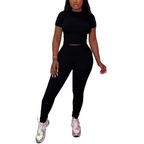 HBQ Women Two Piece Outfits Workout Sets Ribbed Casual Jogging Suits Short Sleeve Tracksuits