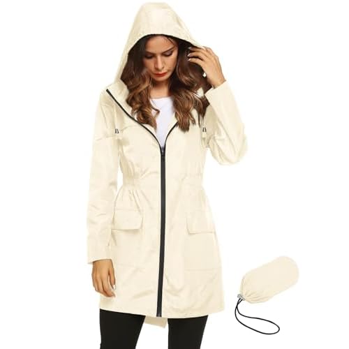 Lomon Women Waterproof Lightweight Rain Jacket Active Outdoor Hooded Raincoat Medium Beige